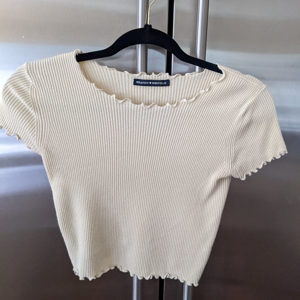 Brandy Melville pale yellow ribbed short-sleeve shirt